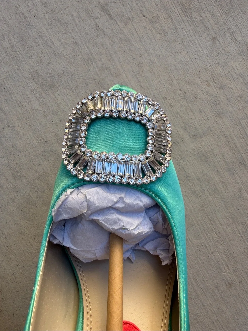 Women's Teal Satin Platform High Heels with Crystal Buckle